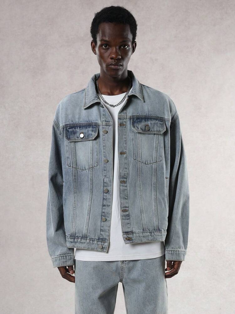 Autumn Blue Washed Gothic Letter Print Street Style Men's Denim Jacket