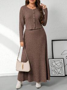 EMERY ROSE Women's Plus Size Ribbed Knit Open Front Round Neck Long Sleeve Cropped Top With Fitted A-Line Maxi Skirt 2 Pieces Set, Elegant Casual Outfit