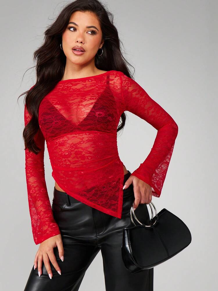 MISSGUIDED Elegant Long Sleeve Lace Blouse With Ruched Detail Asymmetrical Hem