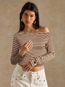 SHEIN BAE Áo thun nữ tay dài cổ lệch họa tiết sọc thời trang thanh lịch - Màu Khaki - Xem 5