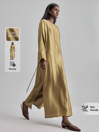 Ontre 2025 Autumn/Winter Elegant Romantic Urban Professional Commuter Business Casual Formal Wear, Suitable For Workplace, Office, Weddings, Parties, Concerts, Everyday Wear. Gold Woven Fabric, Loose Fit With Belt, Women Long Dress Golden Dress Women