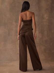 SHEIN BAE 1 Set Solid Color Asymmetric Hem Sleeveless Crop Top And Wide Leg Pants - Coffee Brown - View 3