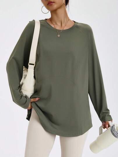 Rhythm Era 女士加大码纯色圆领宽松长袖休闲T恤，秋季款