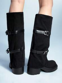 Sugerpunk Women's Fashion Versatile Commute Chunky Heel Knee-High Boots For Christmas - Black - View 3