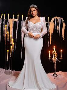 Glamrae Tuta di lusso elegante con maniche trasparenti, scollo a V, patch in pizzo ricamato, tessuto maglia elasticizzato, coppa reggiseno trasparente, allacciatura a spina di pesce sulla schiena, gonna lunga a sirena con bordo in pizzo ricamato, adatta per matrimoni, feste, vacanze, abito da sposa informale (ricamo pesante) - Bianco - Visualizzare 7
