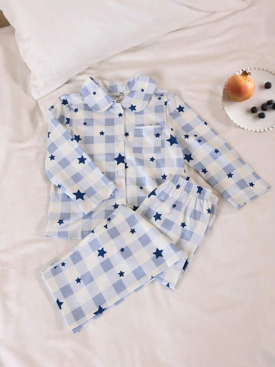 两件套男童优雅蓝白格子星形印花翻领长袖睡衣套装 - 藍色 - 查看 1
