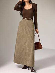 Heiryn 女式纯色高腰口袋休闲/工作裙 - 卡其色 - 查看 4