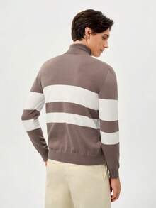 RONVEXI Men's Casual Colorblock Striped Turtleneck Sweater, Autumn/Winter - Mocha Brown - View 3
