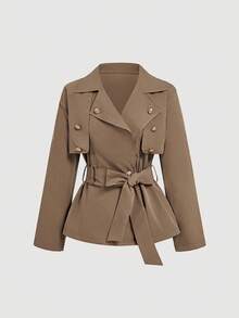 SHEIN MOD 女式短款休闲宽松风衣（配腰带）、秋季外套、秋季大衣、秋装、邮轮女士、返校季 - 卡其色 - 查看 5