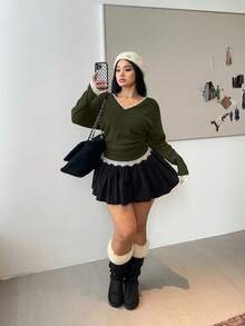 Vibekara 大码女式蝙蝠袖T恤上衣，撞色蕾丝和罗纹休闲时尚套头衫 - 綠色 - 查看 4