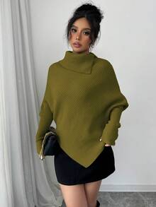 Elenzga 女士不对称蝙蝠袖纯色高领经典针织毛衣，时尚百搭，适合假日度假 - 軍綠色 - 查看 3
