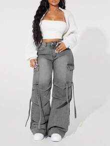 SHEIN ICON Plus Size Solid Color Casual Versatile Wide Leg Cargo Jeans - Light Grey - View 6
