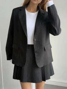 Women's Striped Casual Jacket And Pleated Skirt 2 Pieces Set, Autumn/Winter Lounge Sets For Women - Dark Grey - View 4