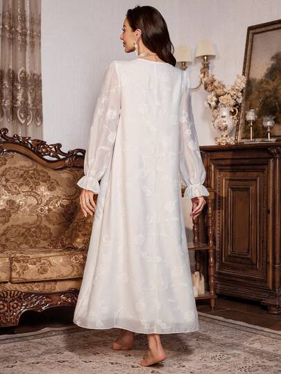 PalaceNights Geborduurde Neck Bowknot Loose Fit Mid Length Long Sleeve Women Nightgown, Fall view 2