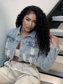 Alexandranx Women's Casual Ripped Front Button Up Long Sleeve Denim Jacket - Light Wash - View 6