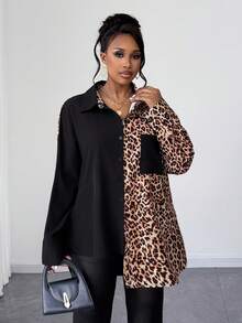 Maweii Casual Leopard Print Patchwork Retro Niche Design Plus Size Shirt - Black - View 3