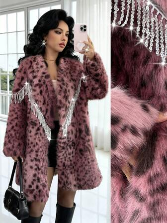 Rafferiza Modern tjock rosa leopardmönstrad lång fluffig kappa, elegant damstil för höst/vinter fuskpälskappa pälskappa kvinnor leopardmönstrad kappa kvinnor kappa