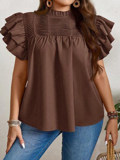 SHEIN LUNE Plus Size Women Solid Color Ruffle Collar Cap Sleeve Loose Blouse Thanksgiving Holiday