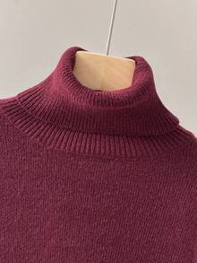 Franclia 女士时尚冬季优雅酒红色纯色高领落肩长袖宽松带腰带金属扣装饰腰部设计不对称下摆灯笼袖针织套头毛衣 - 紅色 - 查看 3