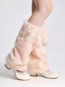 ROMWE Fairycore 1双可爱毛绒小鹿图案腿套，Y2K风格毛绒球加厚超大腿套，时尚修身，适合日常、秋冬季、节日和派对穿着 - 彩色 - 查看 5