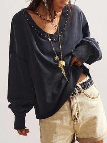 Bohemela Sudadera holgada de manga larga con cuello en V, decorada con perlas y tachuelas en bloques de color, talla grande - Negro - Ver 7