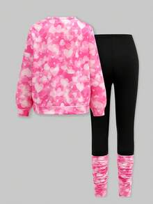 SHEIN Explorewe 2pcs Set Tween Girl Fuchsia Round Neck Portrait Print Top And Leggings, Plus Size - Hot Pink - View 2