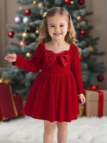 SHEIN Váy ngắn chữ A thắt nơ lớn màu đỏ trơn cho bé gái, tay dài, cổ điển thanh lịch, thích hợp cho tiệc tùng, giáng sinh, vũ hội năm mới, mùa đông - Màu Đỏ Sâu - Xem 10