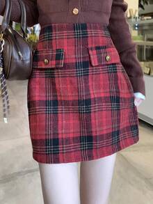 DAZY Women's High Waist Plaid Button Design Casual Short Skirt, Autumn/Winter - Burgundy - View 3