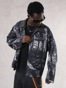 DAZY Men's Digital Print Patchwork Collar Design Jacket And Coat, Autumn/Winter - Black - View 4