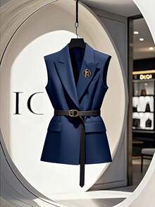 Franclia Women's Elegant Lapel NeckUnique Sophisticated Vest Jacket - Navy Blue - View 3