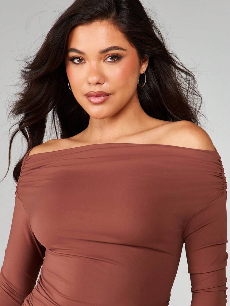 MISSGUIDED Women Off Shoulder Long Sleeve Ruched Top Fitted Bodycon Blouse Fall Winter Casual Elegant