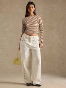 SHEIN BAE Áo thun nữ tay dài cổ lệch họa tiết sọc thời trang thanh lịch - Màu Khaki - Xem 3