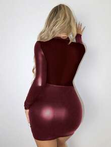 Zolique Cool Patchwork Long Sleeve Women's Dress PU Leather Women Outfit - Red - View 2