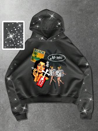 Street Life Sudadera con capucha para hombre con letras y figuras gráficas, decoración de rhinestones, uso casual diario, manga larga