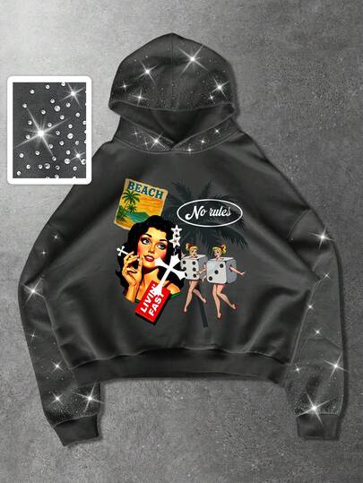 Street Life Men's Street Letter & Figure Print Rhinestone Decor Hoodie Sweatshirt, Casual Everyday Wear