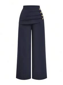 Franclia Plus Size Women's 2 In 1 Metal Buckle Suit Pants,Elegant Navy Blue Wide Leg Pants,Autumn High Waisted Ruffle Straight Leg Semi Formal Pants - Grey - View 1
