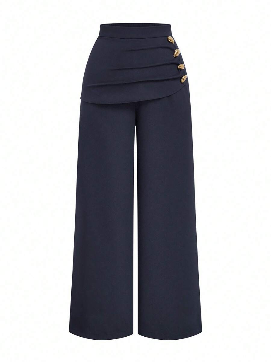 Franclia Plus Size Women's 2 In 1 Metal Buckle Suit Pants,Elegant Navy Blue Wide Leg Pants,Autumn High Waisted Ruffle Straight Leg Semi Formal Pants - Grey - View 1