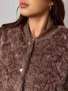 SHEIN EZwear 复古拼色蓬松厚款休闲大码棒球夹克外套，秋冬 - 棕色 - 查看 7
