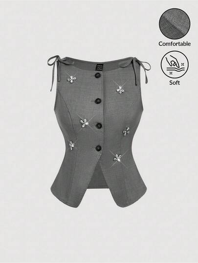 SHEIN MOD 灰色无袖水钻装饰轻便女式西装外套，可爱上衣，返校装，商务休闲女装，返校服装，秋冬女士办公室服装