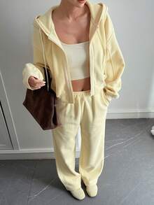 DAZY Women's Casual Loose Hoodie Top And Pants Sports Suit, Autumn/Winter - Butter Yellow - View 3