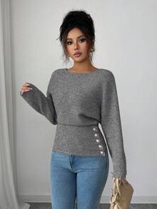 Elenzga Women's New Autumn/Winter Single-Piece Design Batwing Sleeve High-End Buttoned Minimalist Everyday Knit Long Sleeve Top - Dark Grey - View 4