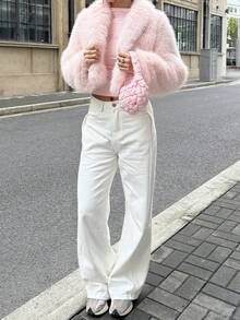 Flirla 1件女士奢华优雅仿毛皮内衬外套，酒红色 - 淺粉色 - 查看 3