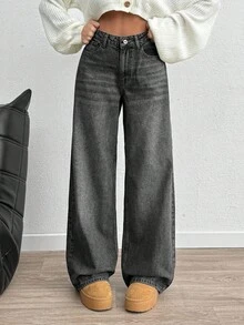 EURMUSE Pantalones vaqueros de tiro alto, pierna ancha, estilo Y2K, corte holgado para mujer - Gris Claro - Ver 7