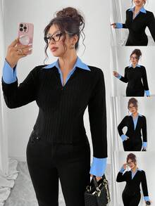 Elenzga Áo thun dài tay màu tương phản có khóa kéo cỡ lớn dành cho nữ, cổ áo sơ mi co giãn thoải mái, đa năng cho thể thao, thường ngày, công sở, thời trang thu đông - Nhiều màu - Xem 7