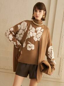 Arave Conjunto de 2 piezas de mujer con suéter de cuello alto tejido con estampado floral vintage, conjunto informal para otoño/invierno - Camel - Ver 4