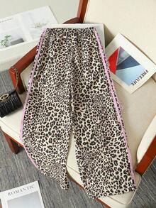 Sparklyn 少女休闲舒适时尚豹纹侧边抽绳蝴蝶结装饰宽松阔腿裤 - 彩色 - 查看 2