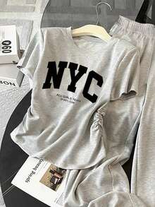 Resyla Women's Simple Printed Crew Neck Short Sleeve Top And Solid Color Pants 2-Piece Set - Grey - View 5