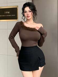 DAZY 女士优雅露肩毛绒毛衣，秋冬款 - 棕色 - 查看 9