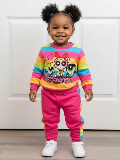 THE POWERPUFF GIRLS X SHEIN Baby Girl Colorful Striped & Blossom, Bubbles, Buttercup Pattern Cute Fashionable Lively Long Sleeve Crew Neck Sweatshirt And Pink Pants Casual Sports Suit Fall Winter