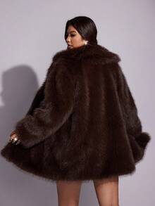 Allurite Plus Size Women Solid Color Lapel NeckLong Sleeve Loose Fashion Mid-Length Faux Fur Coat, Winter